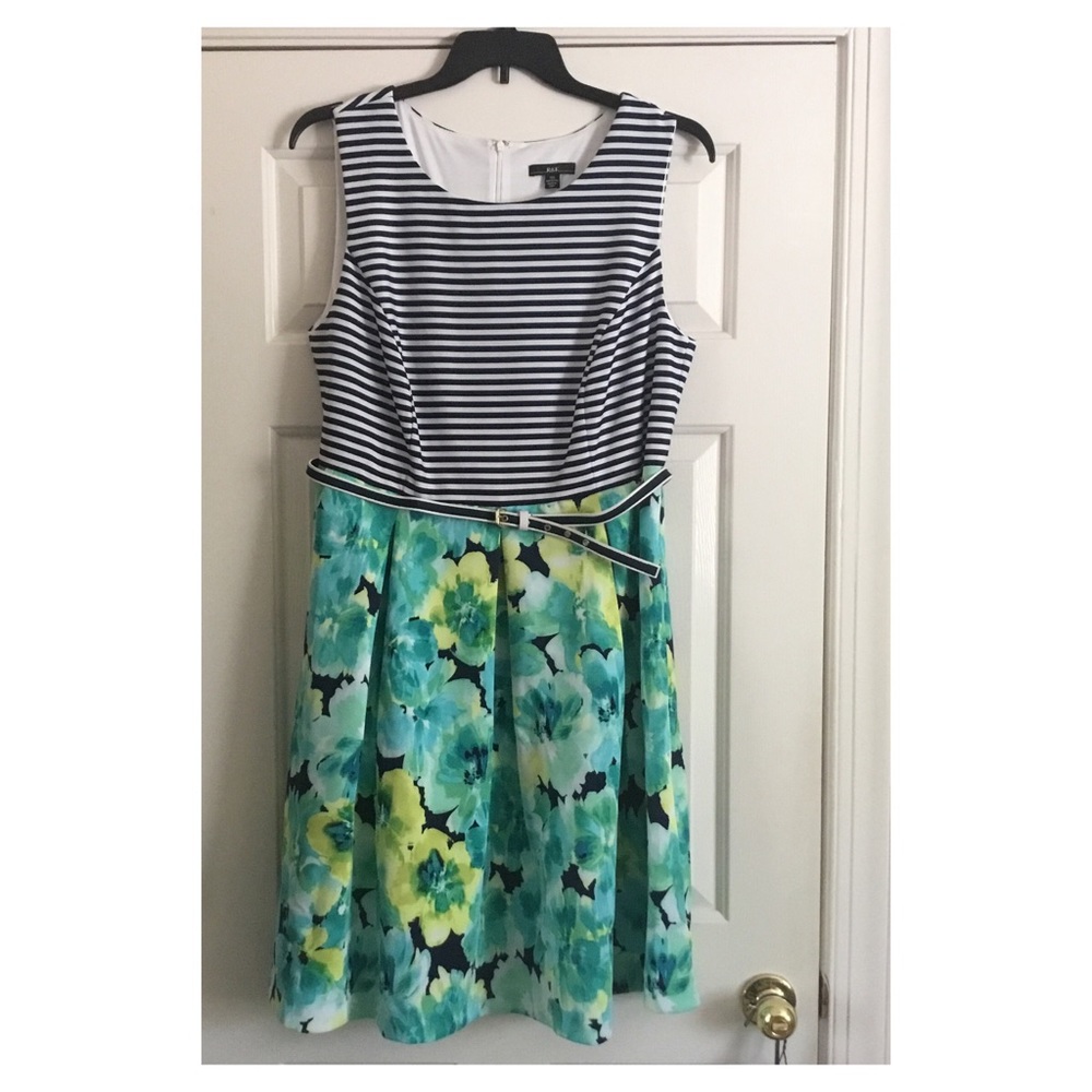 NWOT R&K navy stripe floral fit-n-flare midi dress 14W